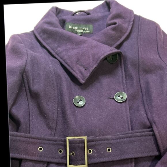 Black Rivet Dark Purple/EggPlant Wool Blend Belted Pea Coat, Size M. - Picture 6 of 10